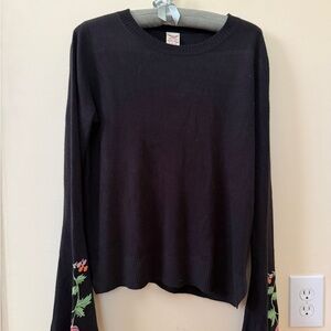 Faded Glory Black Long Sleeve Top with Floral Embroidery